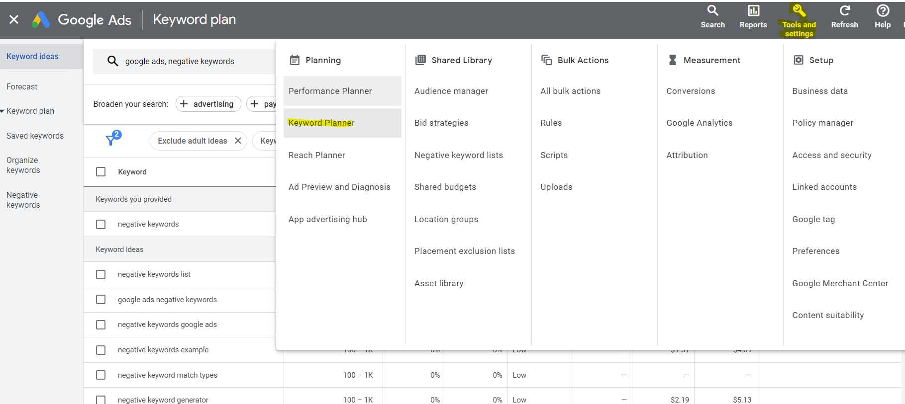 finding google ads negative keywords in keyword planner