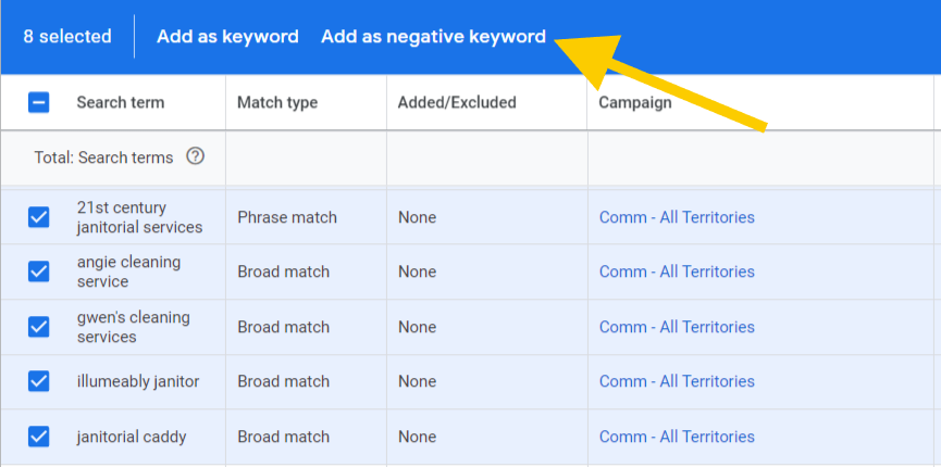 adding google ads search terms to negative keywords